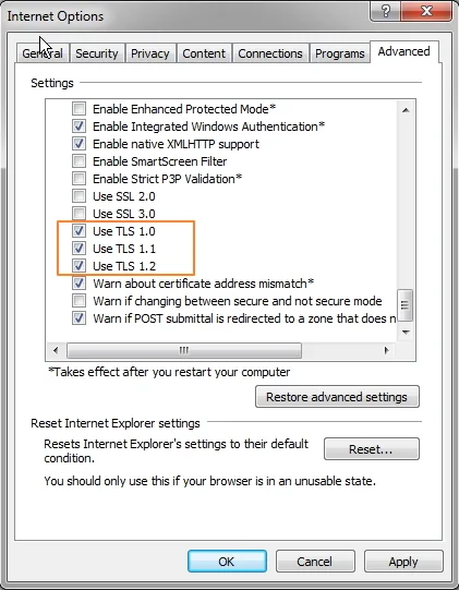 Make sure that the following options Secure Sockets Layer (SSL) settings are checked
