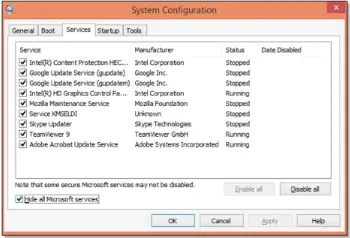 Click Hide all Microsoft services in the Services configuration tab