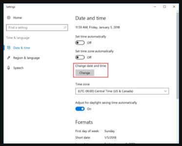 choose 'change' under ‘change date and time