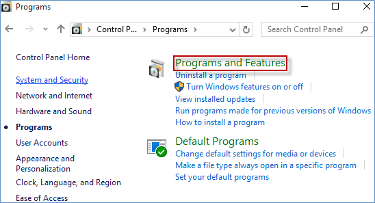 select programs and features
