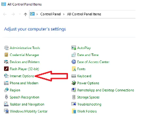 select internet options tab in control panel window