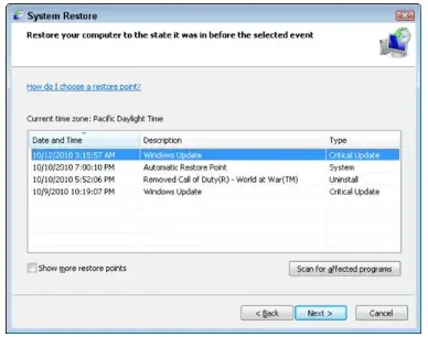 Restore computer to a previous time and date