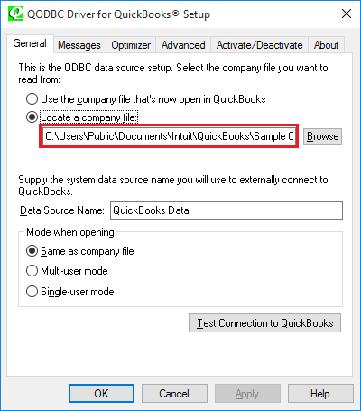 check the company file path in qodbc via the qodbc setup screen 