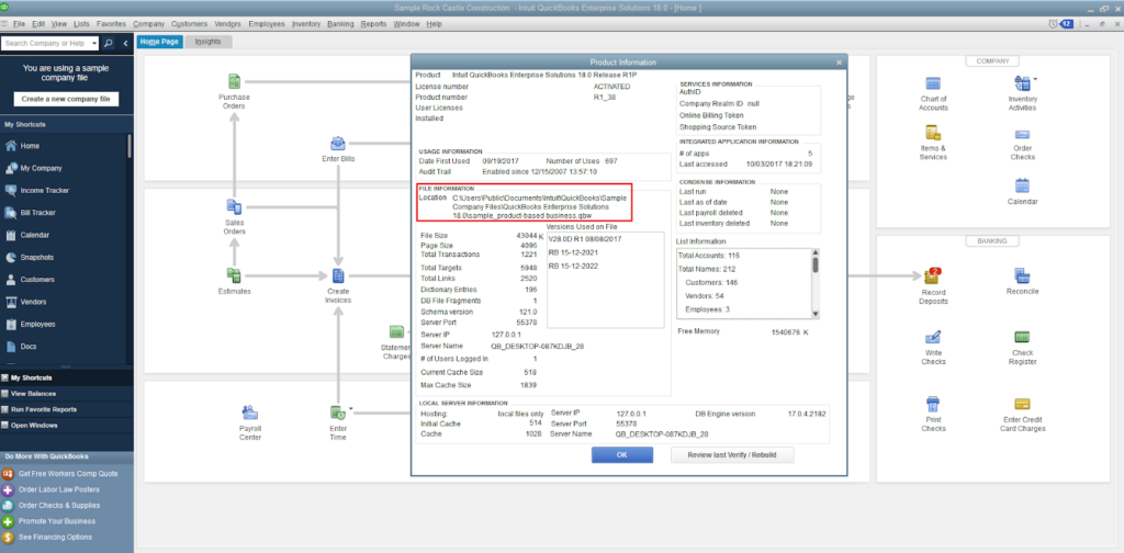 check the qb company file path in the file information window