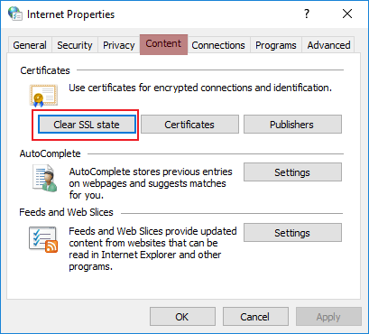 Move to the Content tab and choose the Clear SSL state option.