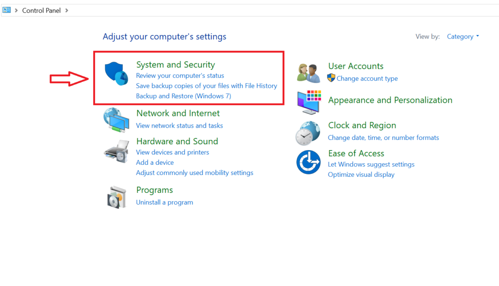 Move to the System and Security section in the Control Panel and click Windows Firewall.