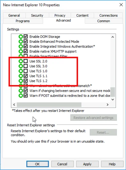 mark use ssl 2.0 and use SSL 3.0 under security.