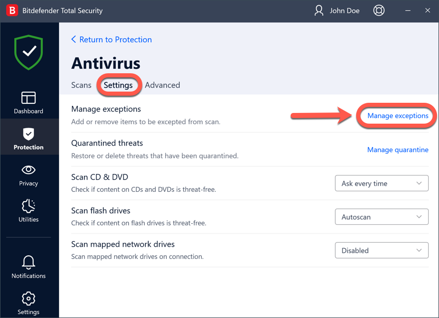 bitdefender manage exceptions