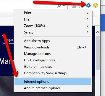 click on the gear icon and then select internet options.