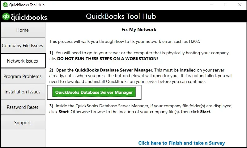 Run QB Database Server Manager from Tool Hub.
