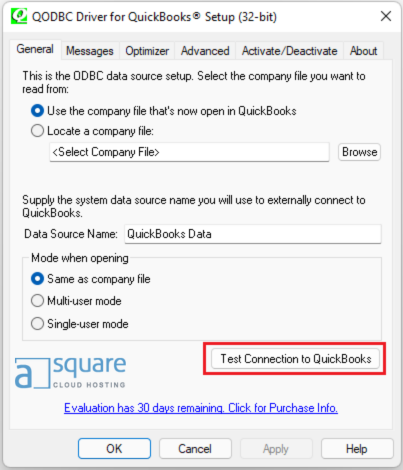 test connection to quickbooks