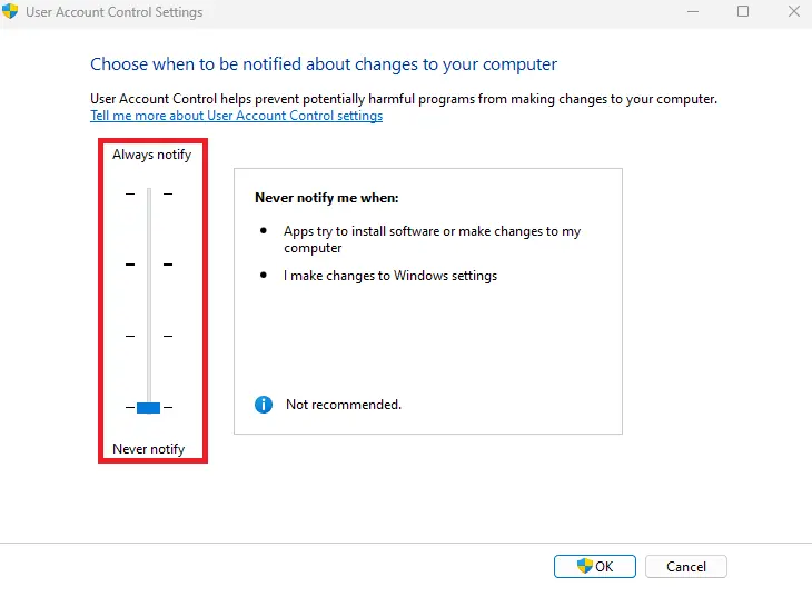 Change user account control settings