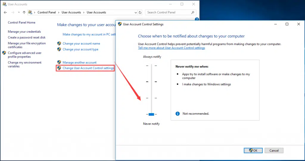 open user account control and adjust the uac settings to a less restrictive level 