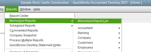 oipen reports menu in quickBooks then memorized eports