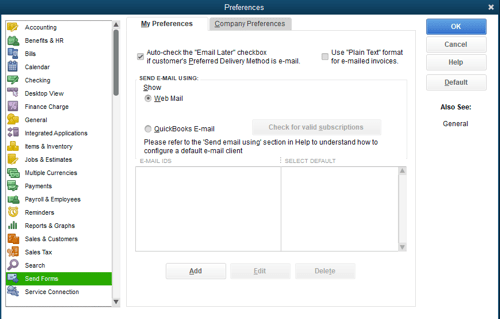 review webmail preferences in quickbooks