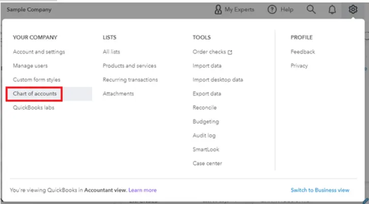 Settings and select Chart of Accounts