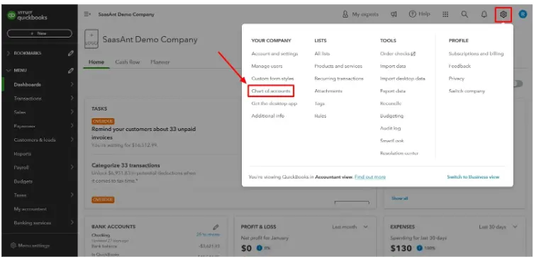 choose Chart of Accounts