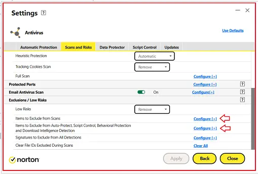 Click Configure next to the following options on the window