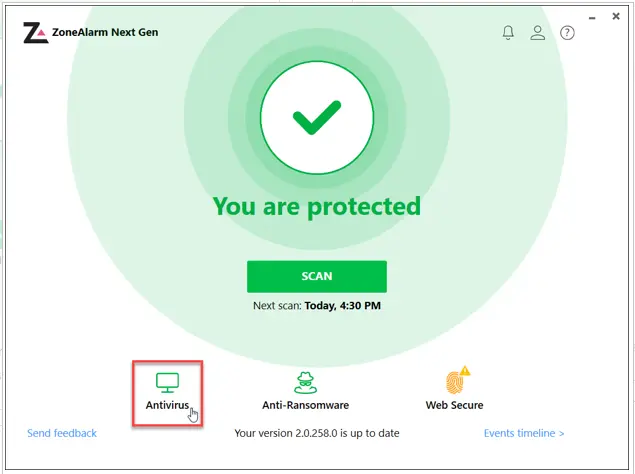 ZoneAlarm application window to click Antivirus