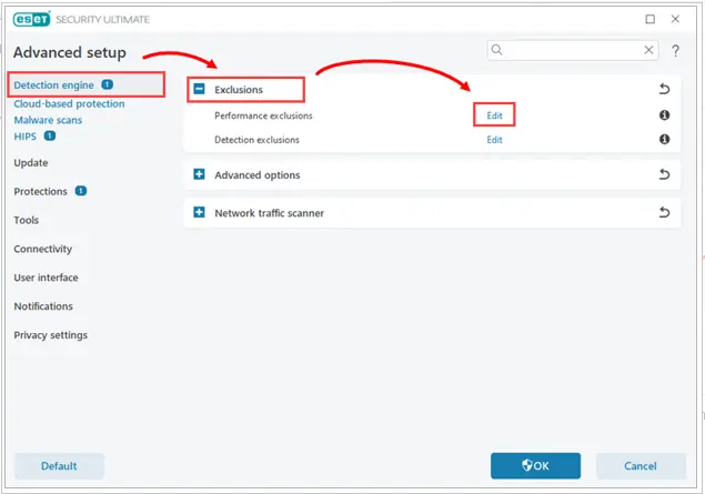 choose Exclusions and click the Edit option listed alongside Performance Exclusions