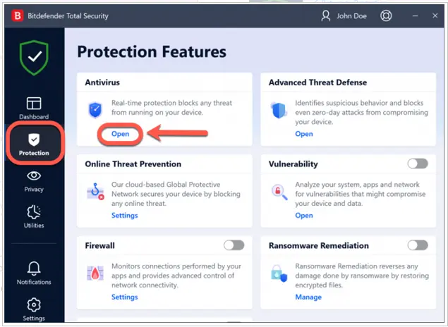 move to the Antivirus section to select Open. After that