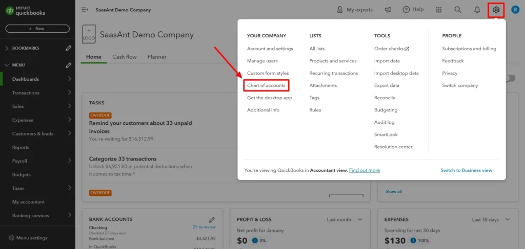 Choose Chart of Accounts