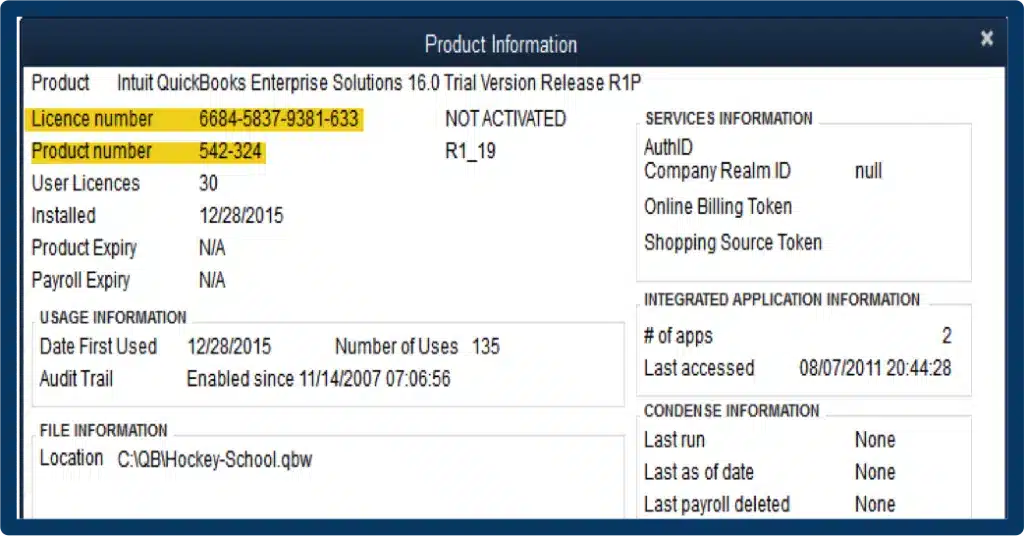 product information screen