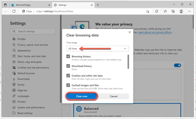 Clear Microsoft Edge browsing data