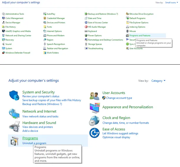 Programs and Features or Uninstall a Program