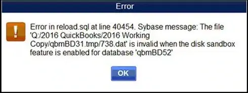 QuickBooks Error in Reload SQL