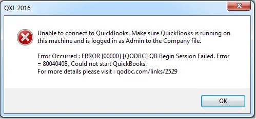 QB Begin Session Failed. Error = 80040408