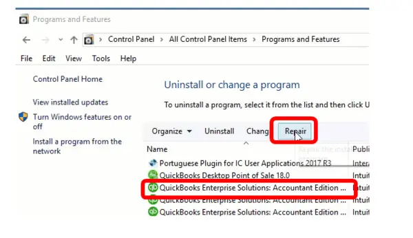 Repair QuickBooks Through the Control Panel