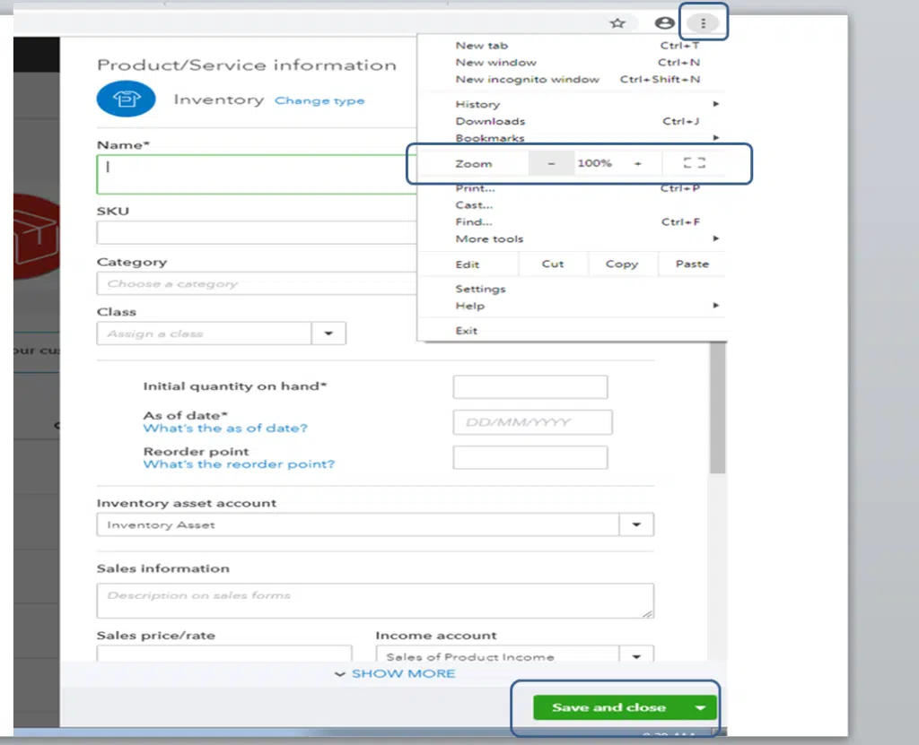 save and close button missing in QuickBooks